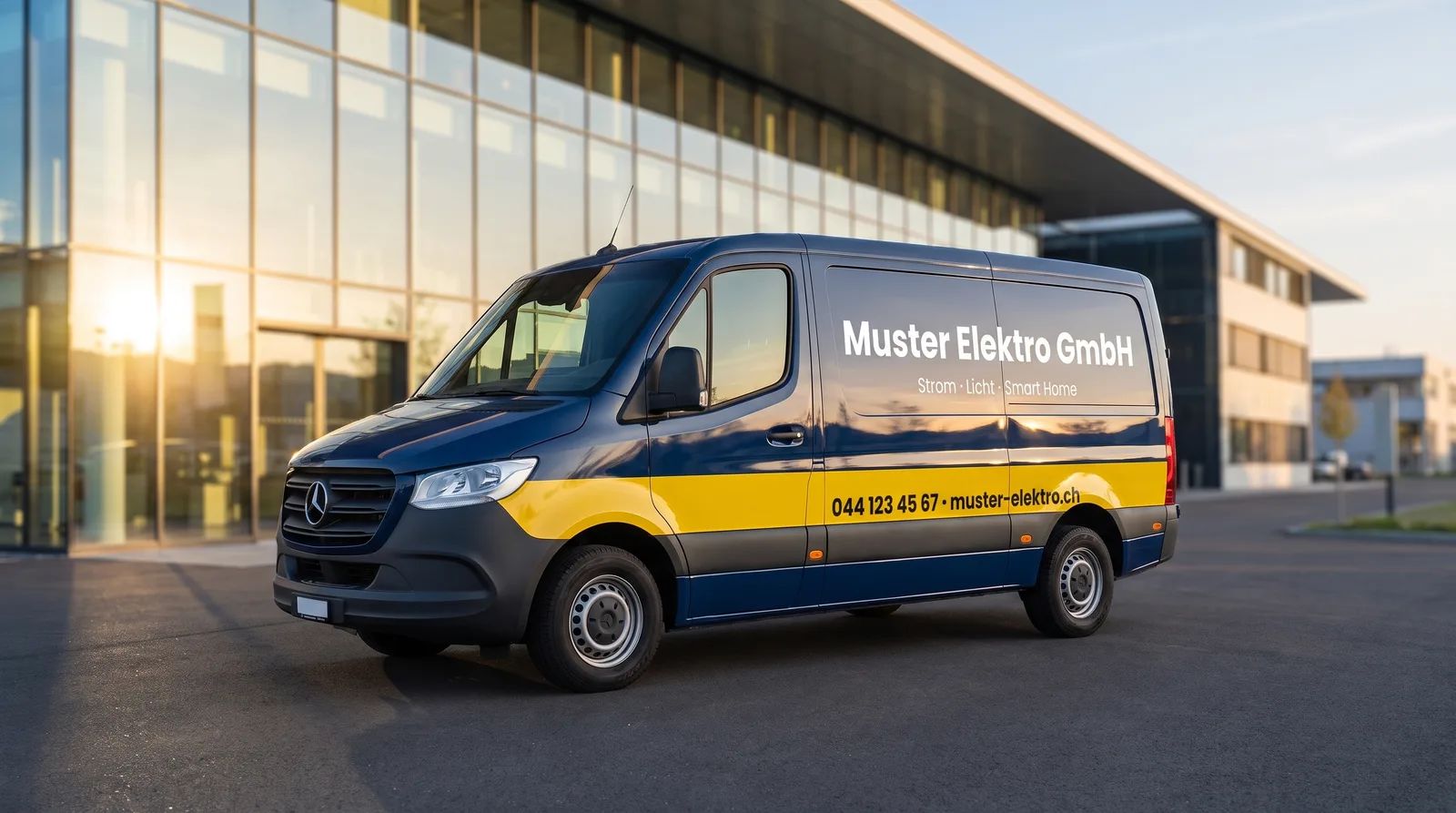 Mercedes Sprinter avec lettrage d'entreprise bleu et jaune devant un immeuble commercial