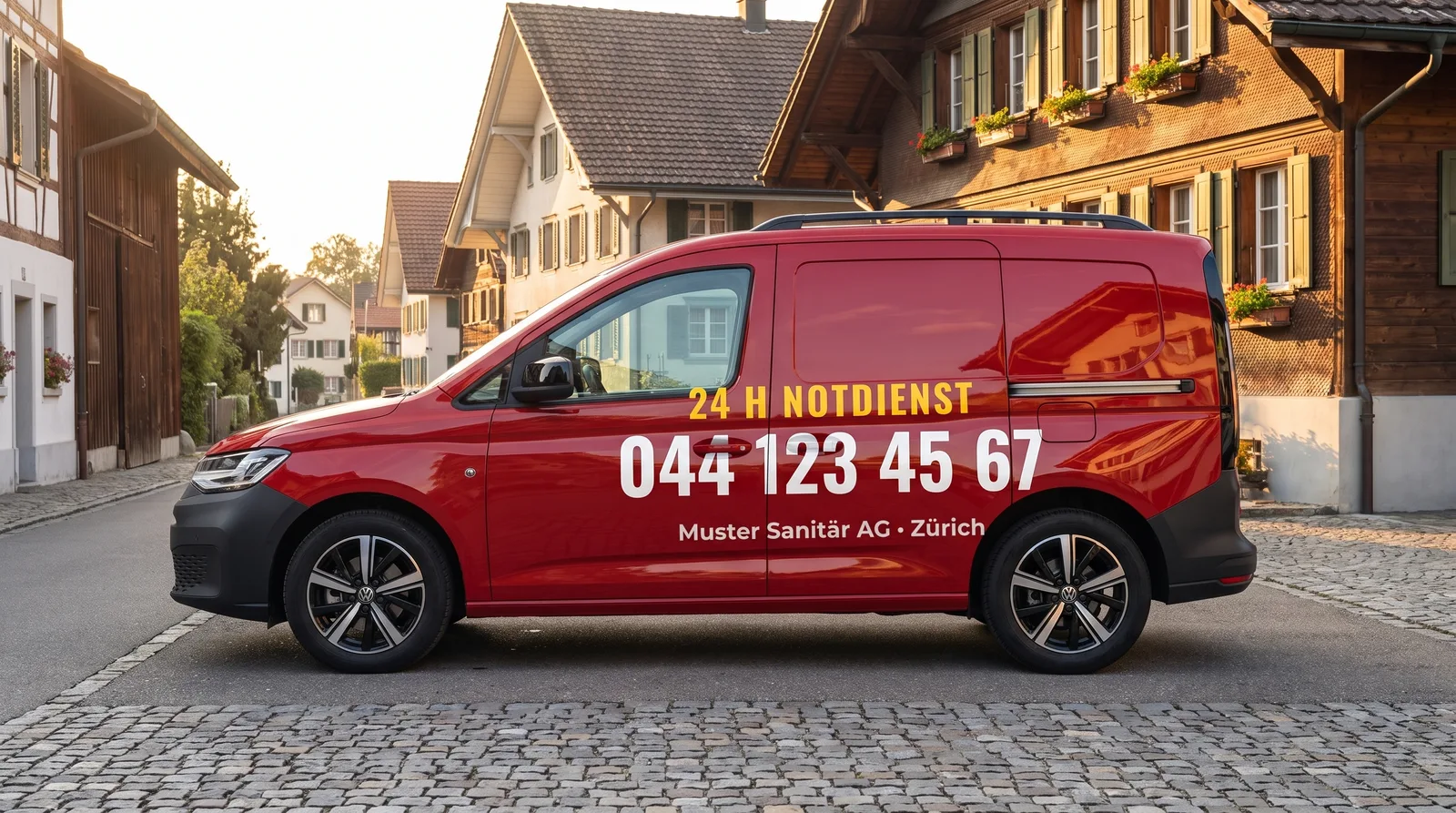 Camionnette rouge avec lettrage service d’urgence dans une rue suisse