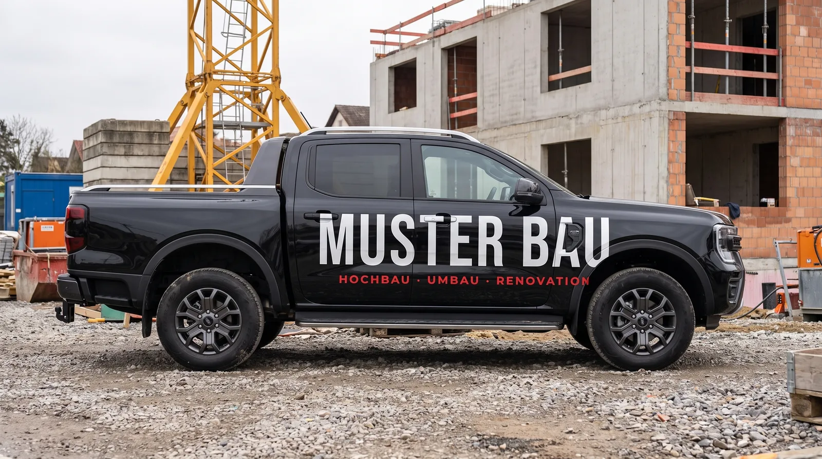 Pick-up noir avec lettrage d’entreprise de construction sur un chantier