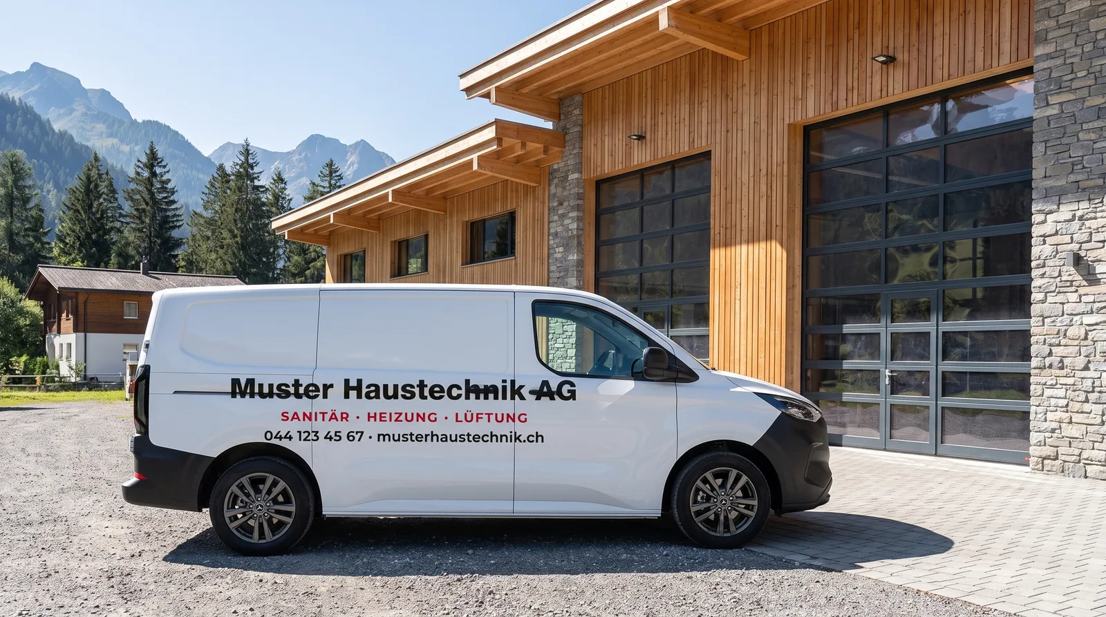 Transporter blanc avec lettrage technique du bâtiment devant un atelier