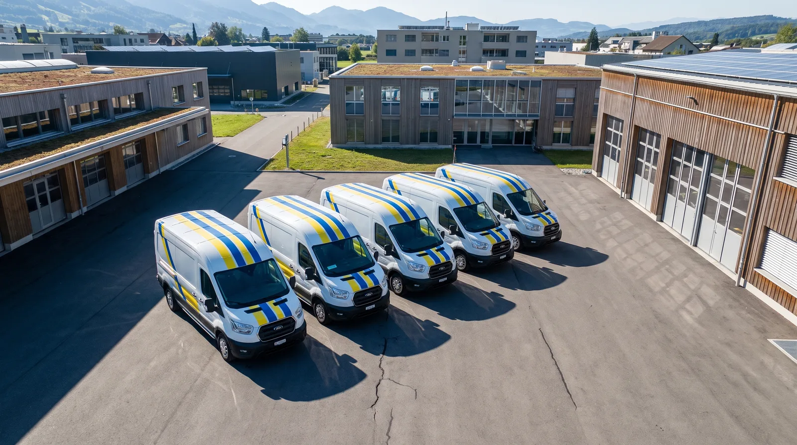 Flotte d’entreprise au lettrage uniforme vue d’en haut